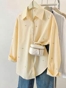 Women's Striped Color Block Shirt, Button Front, Casual Wear, Effortless Style Yellow - Yellow - View 3