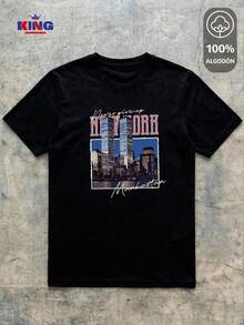 King T-shirt Playera 100% algodón de excelente calidad, esta playera garantiza una suavidad excepcional al tacto, cuello redondo con estampado "New York Manhattan Vintage Skyline" y manga corta - Negro - Ver 2