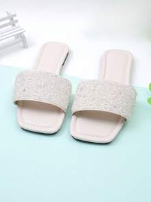 Sandalias planas con estampado de serpiente dorada y diseño cruzado para niña, sandalias de playa de verano con punta cuadrada de metal - Beis - Ver 8