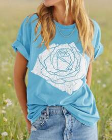 Women's T-Shirt With Rose Print, Loose Fit, Short Sleeve Summer Top, Casual Round Neck Boyfriend Style Top - Sky Blue - 查看 3