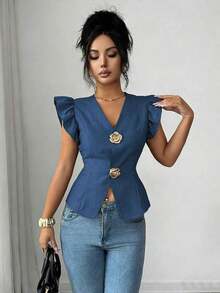 Elenzya Cárdigan de mujer elegante con decoración de hebilla metálica de unicolor y mangas abullonadas, blusa refinada de mujer - Azul 2 - Ver 9