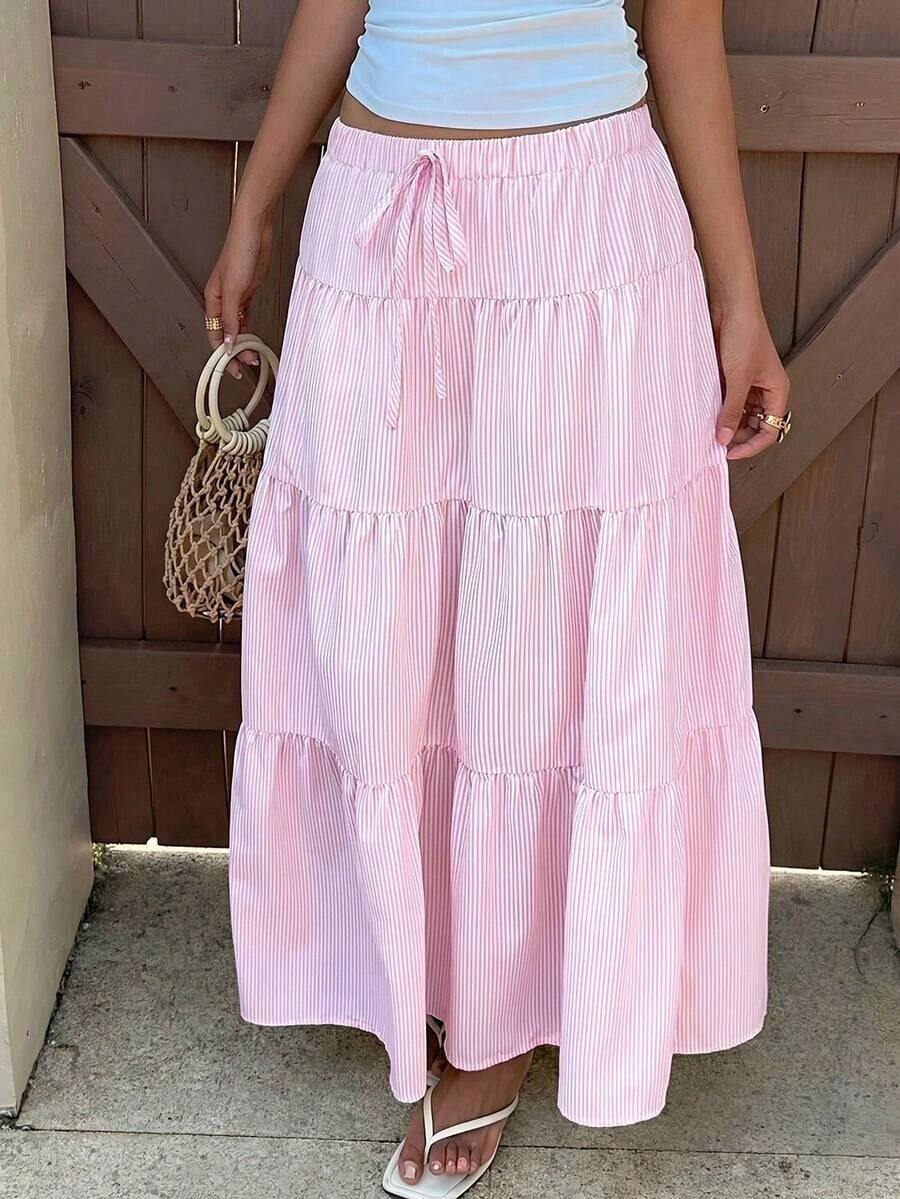 Falda casual de mujer con volantes en el bajo, estampado floral diminuto y tejido - Rosa - Ver 1