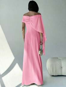 Nuevo vestido de hombros descubiertos con cuello de barco, ajuste ceñido y fluido con detalle de lazo, versátil para cumpleaños, fiesta, cóctel, color verde - Rosa - Ver 5