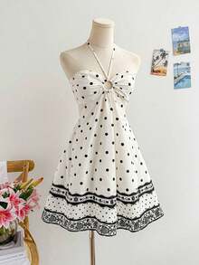 Vestido romántico de vacaciones casuales, azul y blanco, con estampado de flores, cuello halter, cintura ajustada y escote hueco para mujeres - Multicolor 4 - Ver 5