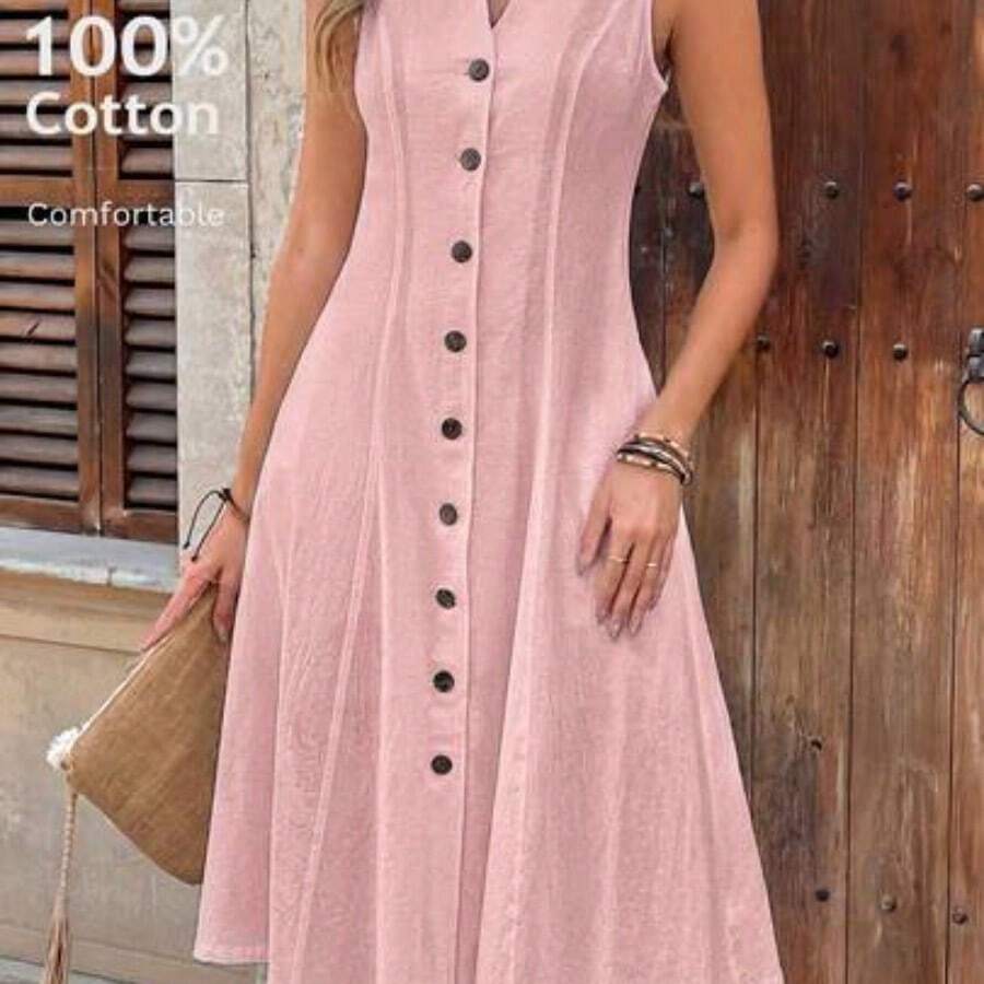 guang zhou mi qian shang mao Vestido de mujer de manga corta con cuello redondo y estampado geométrico de verano - Rosa Pálido - Ver 1