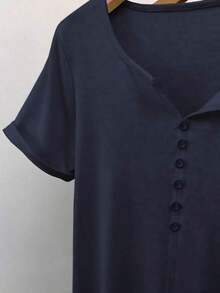 Camiseta de manga corta con botones, estilo minimalista retro casual Mori Girl para mujer - Azul marino - Ver 3