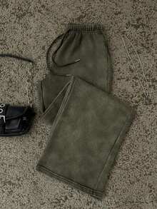 Pantalones de chándal de pierna recta y cintura baja para mujer, apropiados para el verano, con efecto lavado - Verde militar - Ver 4