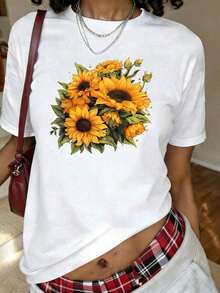 Camiseta con Estampado de Girasoles Amarillos, Manga Corta, Cuello Redondo, Estilo Casual para Verano y Primavera, Ropa de Mujer - Blanco - Ver 1