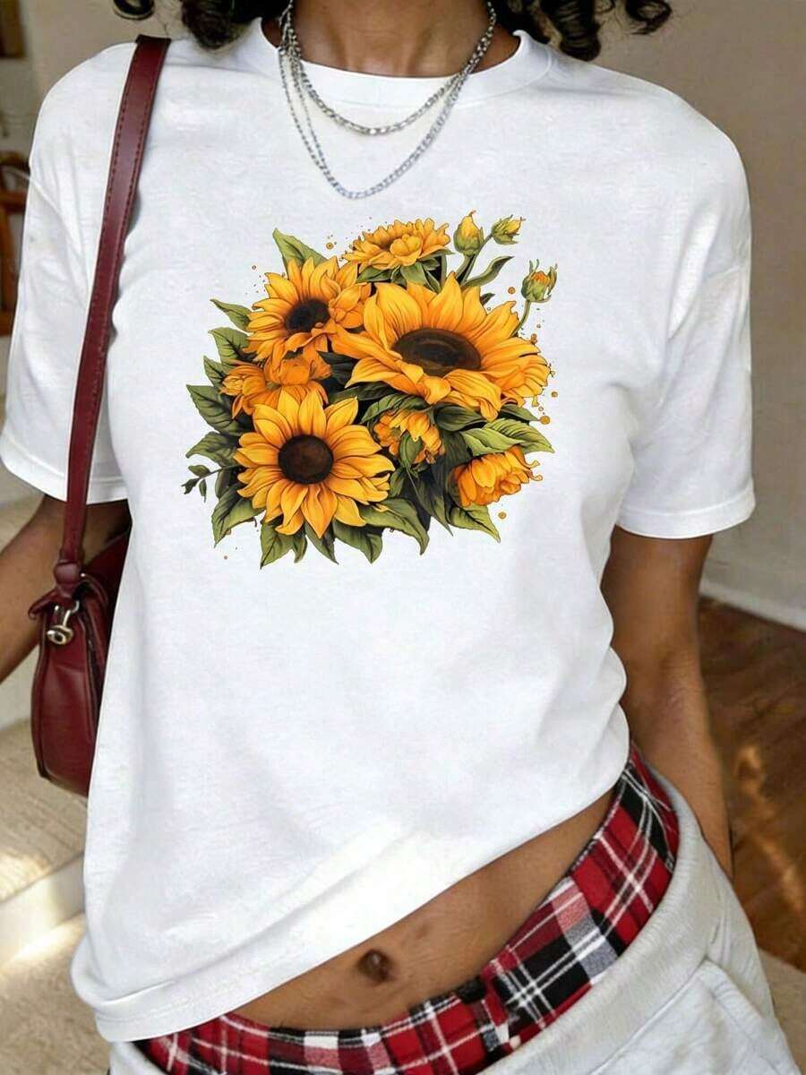 Camiseta con Estampado de Girasoles Amarillos, Manga Corta, Cuello Redondo, Estilo Casual para Verano y Primavera, Ropa de Mujer - Blanco - Ver 1