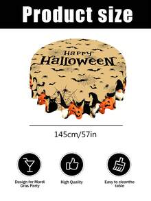 1PC Halloween Themed Polyester Tablecloth – Black Cat & Pumpkin Pattern (Light Orange With Bats & Spiders) – Available In Round (145cm) Or Rectangular (140x180cm) – Festive Table Decor For Halloween Parties And Family Gatherings - Multicolor - View 3