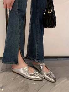 1双女士芭蕾平底鞋，镂空透气褶皱设计，方头，适合日常穿着、室内/户外活动、休闲鞋 - 銀色 - 查看 4