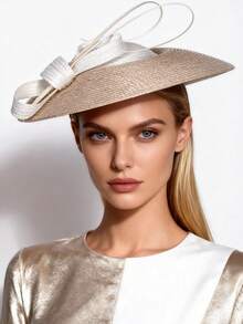 HIMESPORT Elegant Fascinator Hat | Wedding Derby Cocktail Straw Wide Brim | Women's Vintage Formal Church Tea Party Dress| Summer Beach Mother Bride Hats - Solid Color - View 3