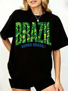 Brazil Go Brazil T-Shirt, Brazil National Team T-Shirt, Brazilian Football Pride T-Shirt, Brazil World Cup Fan T-Shirt, Women's Short Sleeve Letter Print T-Shirt, Y2K Aesthetic - 黑色 - 查看 6