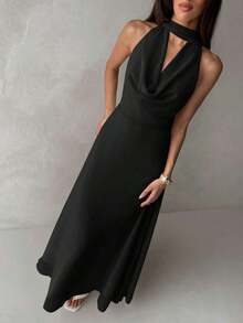 Vestido de mujer con cuello en V, corte evasé, volantes y espalda descubierta en color amarillo - Negro - Ver 4