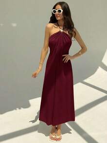 MEXAloruh Nuevo vestido largo con cuello halter, plisado, sin espalda, con decoración de bolas metálicas, talla grande, silueta favorecedora en color champánMEX RPH4 - Burdeos - Ver 2