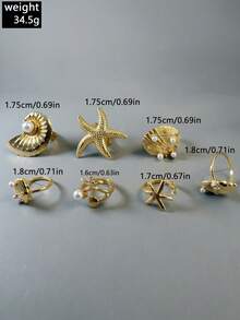 Set de 7 piezas de anillos geométricos de aleación de zinc con estilo punk, con estrella de mar, concha y perla falsa, regalo único para mujeres para usar a diario - 32657-anillo-G - Ver 7