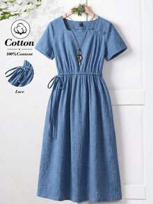 Vestido casual largo con cuello cuadrado y lazo en la cintura de unicolor para mujer - Gris azul - Ver 7
