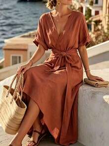 Holidaya Vestido midi con cuello en V y cintura anudada - Ideal para uso casual, playa, vacaciones y uso diario, vestido azul bohemio con bajo asimétrico |   Vestido esencial de verano para vacaciones de mujer, vestido envolvente ligero, elegante y casual |   Vestido de manga corta con cuello en V, perfecto para viajes y fiestas - Naranja Quemada - Ver 5