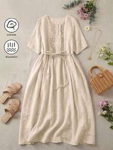 Vestido de manga media con cuello redondo, doble volante, plisado y patchwork, de estilo vintage para primavera y verano. Vestidos elegantes y casuales para mujeres. - Beis - Ver 11