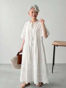 Vestido de mujer con media cartera, decoración de tirantes cruzados, bajo asimétrico, cómodo, con bordado y parches, vestido de verano para mujeres - Blanco - Ver 4