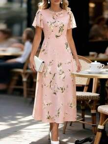 Vestido elegante con estampado floral, mangas con volantes y tela de gasa azul para mujeres - Rosa - Ver 1
