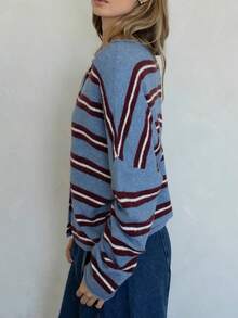 Women's Striped Button Down Cardigan, Loose Long Sleeve Knit Sweater - Blue - View 2