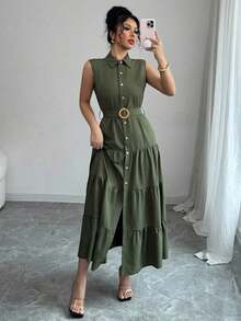 PETITE Vestido casual de verano para mujer de unicolor con botones y sin mangas - Verde militar - Ver 4