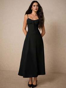 Women's Dress With Spaghetti Straps, Pleated Bust, And Solid Color - 黑色 - 查看 3