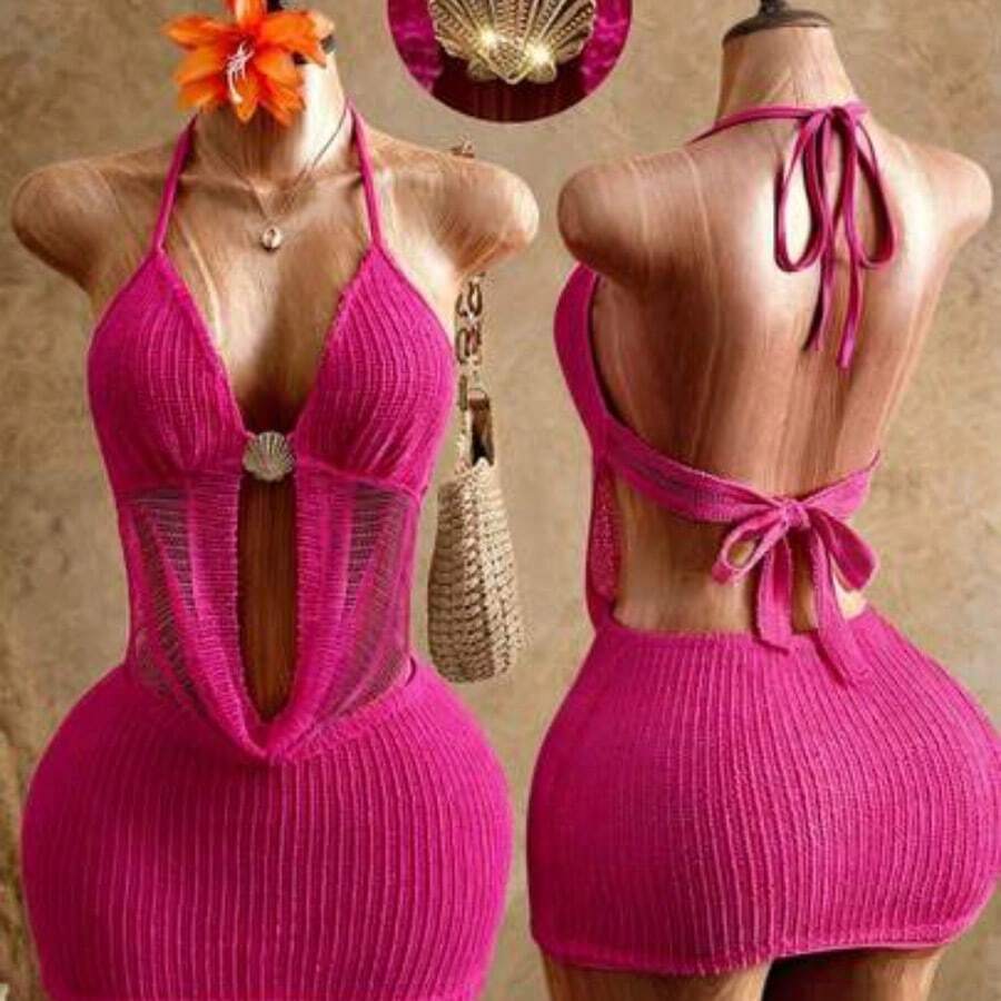 Soqi Women's Clothing  Vestido corto de fiesta elegante con cuello halter y cintura anudada de unicolor, vestido de playa sexy, conjunto de bikini de dos piezas con top y falda, ropa de verano sexy para mujer, vestido de vacaciones, vestido de playa, conjunto de ropa de verano, vestido de primavera, conjunto de playa de ganchillo, ropa de verano, conjunto de ropa de verano para mujer, conjunto de ropa de playa para mujer, cubrecosturas de playa para mujer - Rosa Fucsia - Ver 1