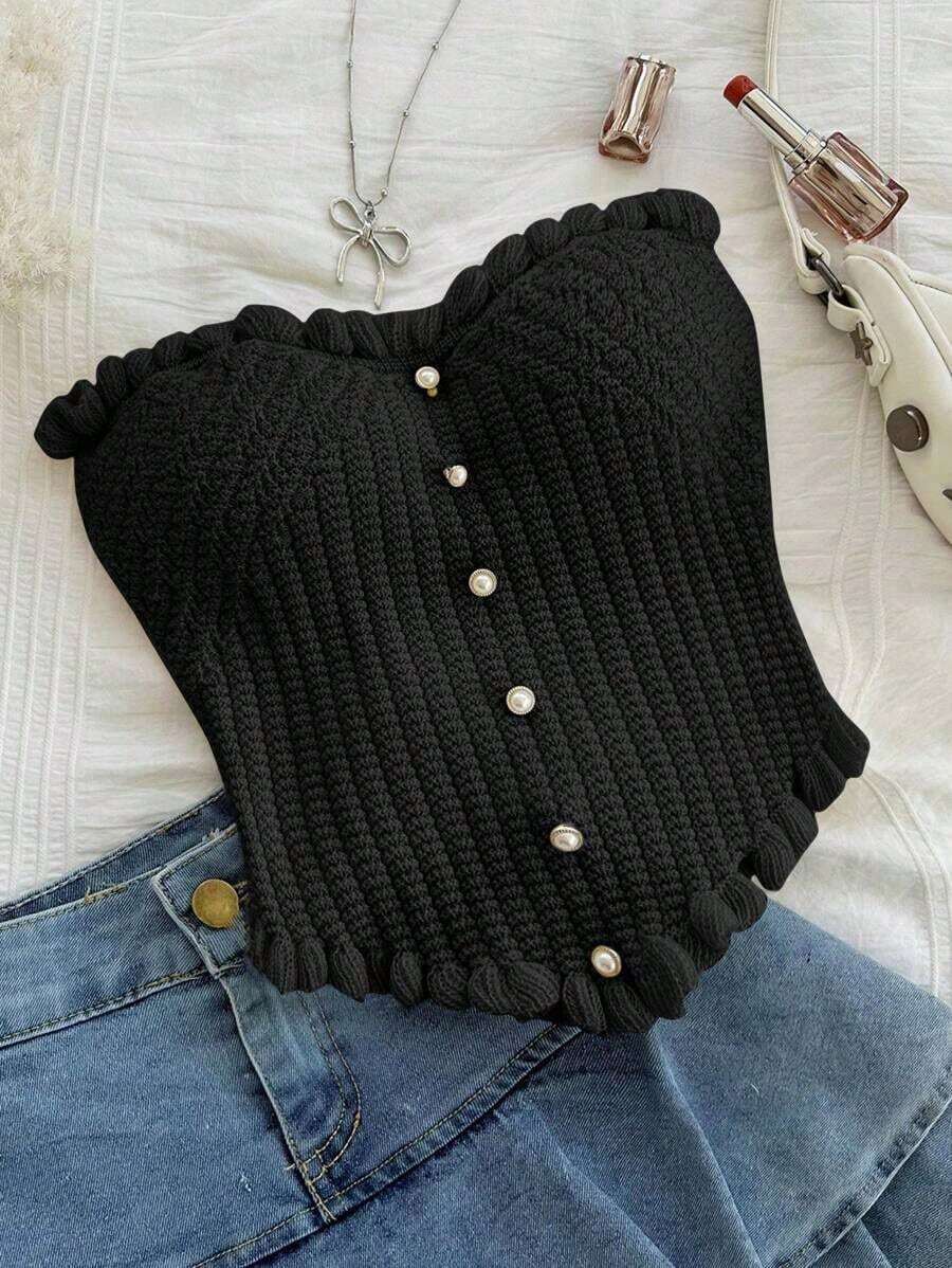 tubo de punto con volantes en el bajo de color liso y casual - Negro - Ver 1