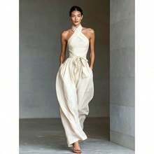 Mono nuevo para mujer de lino con tirantes cruzados, cordón ajustable y pantalones anchos - Blanco - Ver 6
