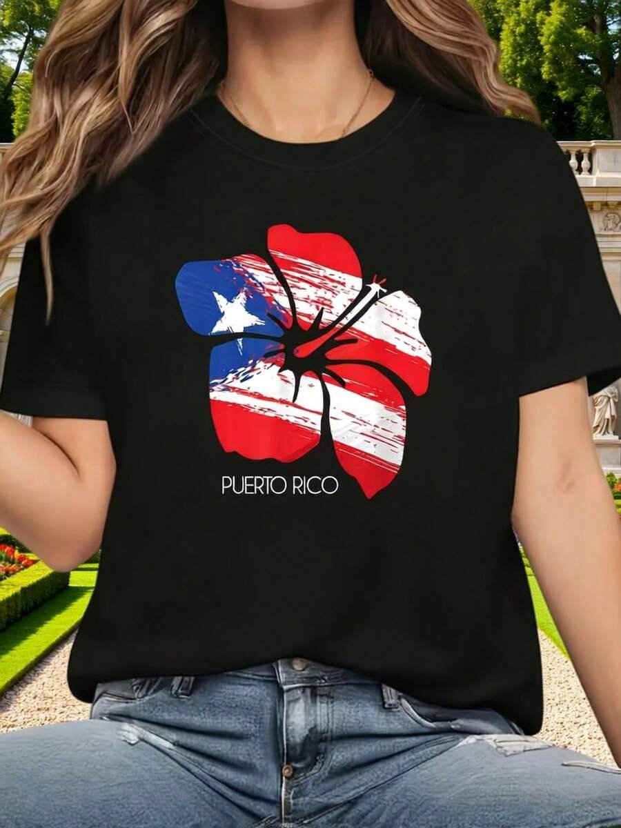 Camiseta casual de manga corta y cuello redondo con estampado de la bandera de Puerto Rico Amapola Boricua para verano y primavera, ropa de mujer - Negro - Ver 1