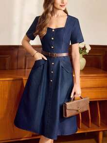 Vestido largo casual y elegante de verano para mujer con bolsillos y botones, ideal para uso diario, vacaciones y ocasiones especiales - Negro - Ver 6