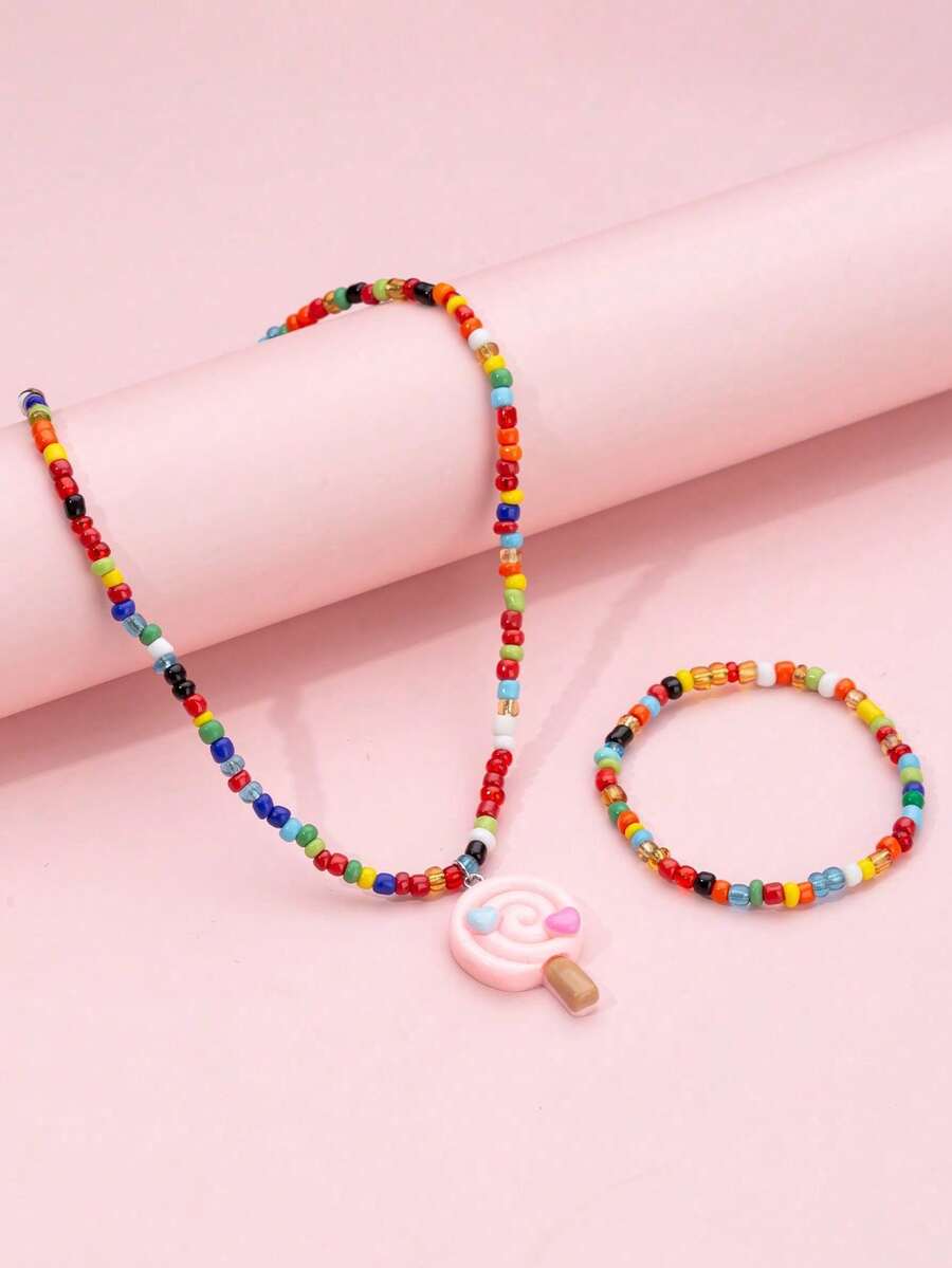 2pcs/Set Children's Cute Lollipop Pendant Bead Necklace & Bracelet Jewelry Set, Suitable For Girls Daily Wear Or Gift For Girlfriends, Classmates And Friends - one-size - View 1