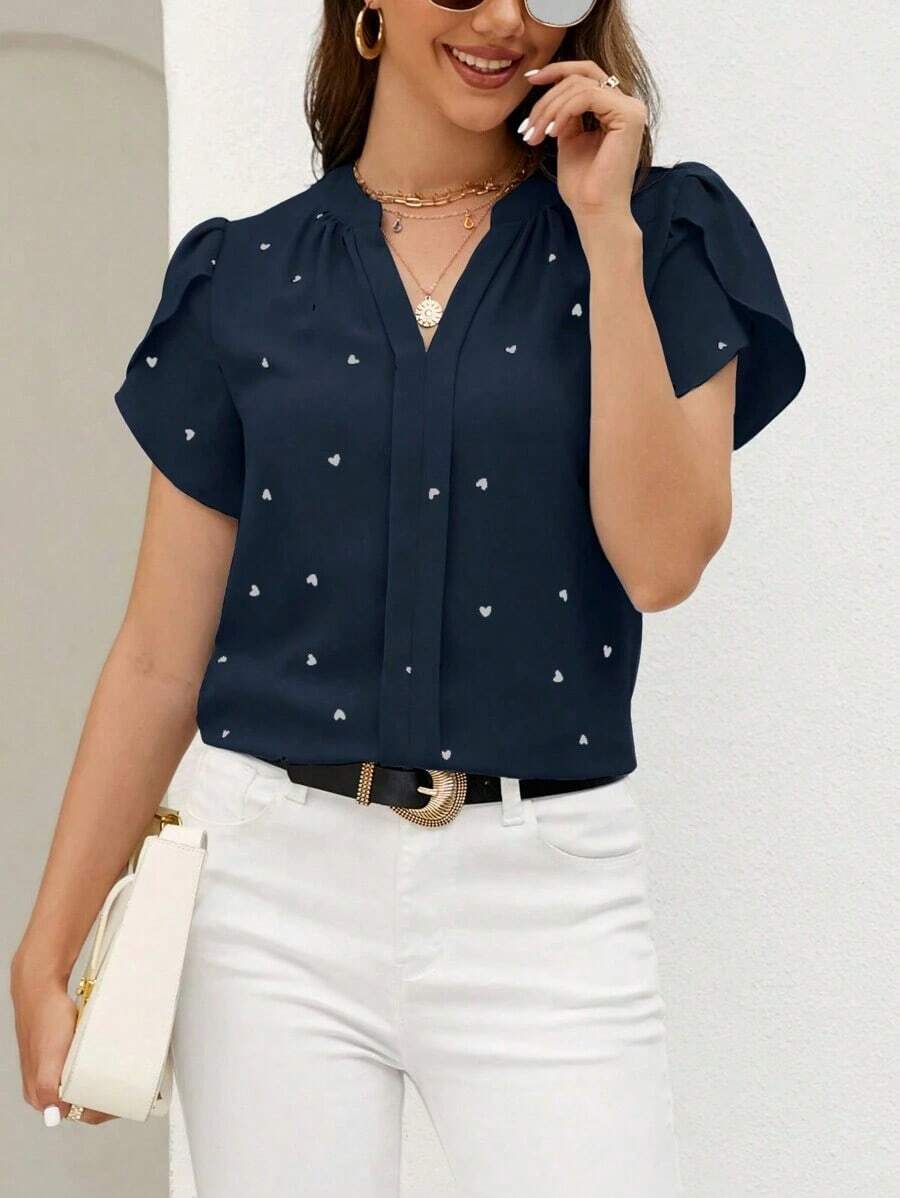 Blusa de mujer de escote en V con estampado de corazón y mangas con volantes para el verano y la playa - Azul marino - Ver 1