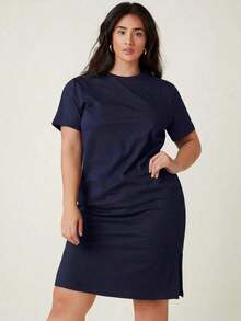 Vestido casual para cena y citas de tallas grandes con abertura lateral y color sólido - Azul marino - Ver 6