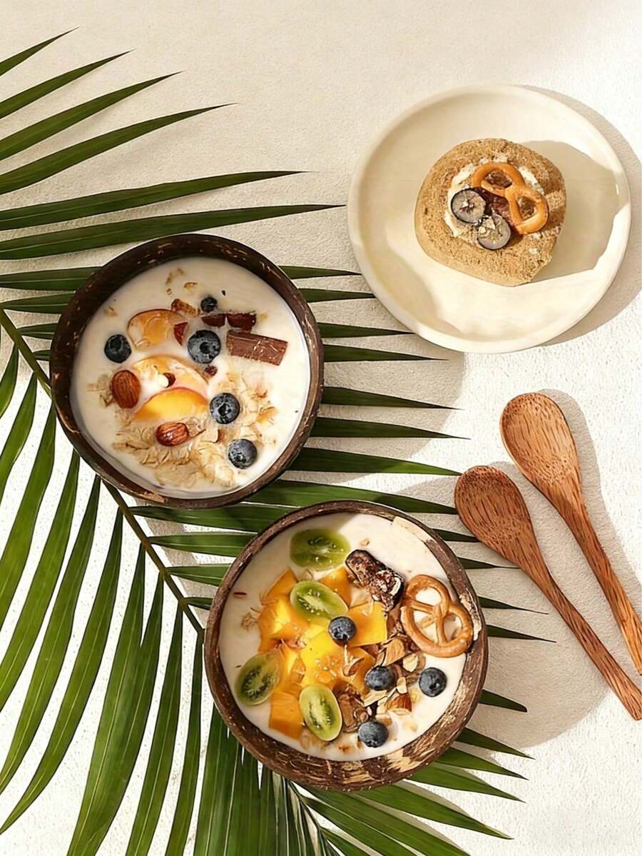 1 pieza Cuencos de cáscara de coco con cucharas - Ideal para yogur, ensalada, arroz y postres - Esenciales de cocina artesanales - Multicolor - Ver 1
