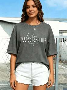 Casual Summer Round Neck T-Shirt, Religious Sportswear, T-Shirt With Psalm 95:1, Christian Sportswear, Biblical Hoodie, Religious T-Shirt, Faith T-Shirt, Christian Gift For Women, Fitted Short Sleeve T-Shirt For Women. - 灰色 - 查看 7