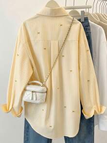 Women's Striped Color Block Shirt, Button Front, Casual Wear, Effortless Style Yellow - Yellow - View 2