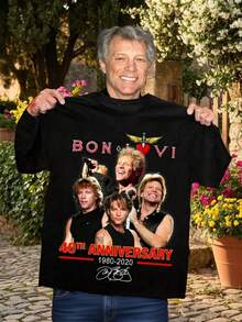 Camiseta gráfica de la edición del 40 aniversario de Jon Bon Jovi - Esta camiseta de 1980 celebra la banda con su famoso logo e imágenes de todos los miembros.Es unisex, de corte ajustado, lo que la convierte en un regalo ideal para fans de la música rock y entusiastas. - Negro - Ver 1