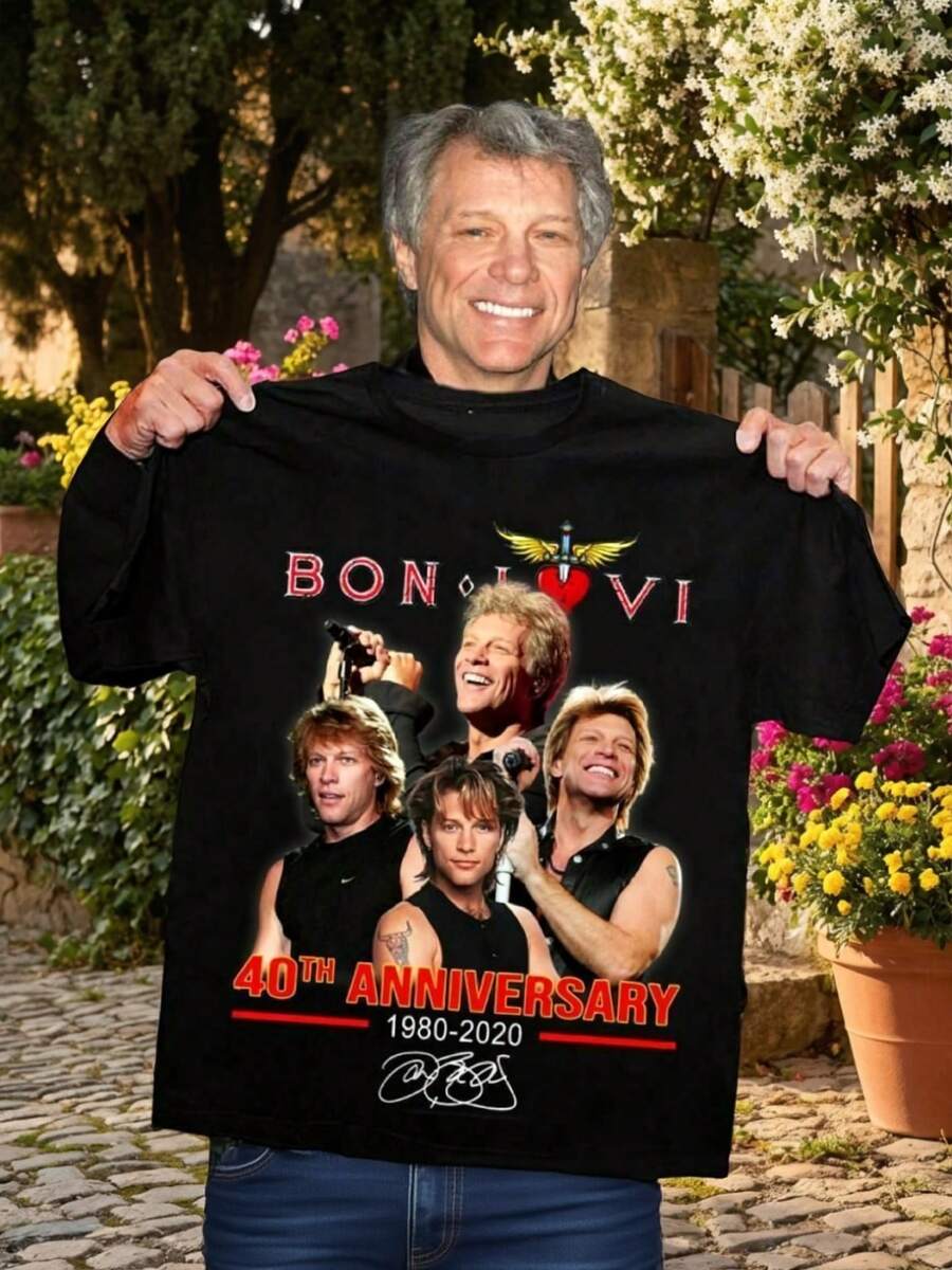 Camiseta gráfica de la edición del 40 aniversario de Jon Bon Jovi - Esta camiseta de 1980 celebra la banda con su famoso logo e imágenes de todos los miembros.Es unisex, de corte ajustado, lo que la convierte en un regalo ideal para fans de la música rock y entusiastas. - Negro - Ver 1