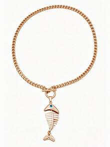1PC Fishbone Pendant Toggle Choker Necklace, Bold Cuban Chain Statement Necklace - 1PC - View 8