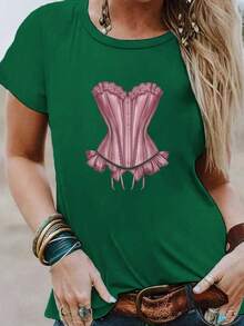 Plus Size - Extra Large Size - Women's T-Shirt, Made Of Pure Cotton, Lightweight And Breathable Fabric, Round Neck Design, Printed Design, Short Sleeve Cut, Suitable For Spring And Summer. - 綠色 - 查看 6