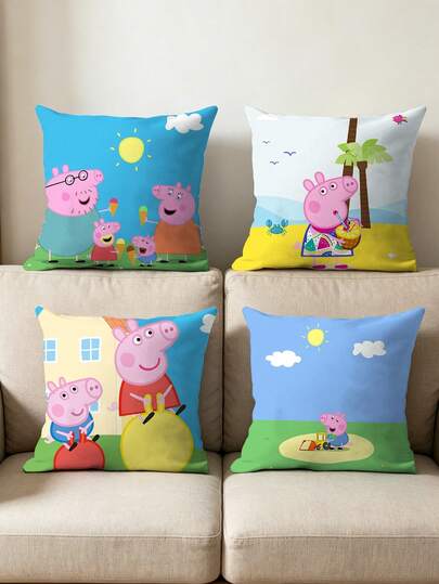 Bộ 4 vỏ gối in hình gia đình heo hoạt hình dễ thương, chất liệu polyester mềm mại, thích hợp cho ghế sofa, phòng ngủ, phòng khách, trang trí phòng trẻ em, trang trí nhà cửa, phòng trẻ sơ sinh, quà tặng sinh nhật cho người hâm mộ, in hai mặt, hình vuông với lớp lót trang trí bên trong, không bao gồm ruột gối.