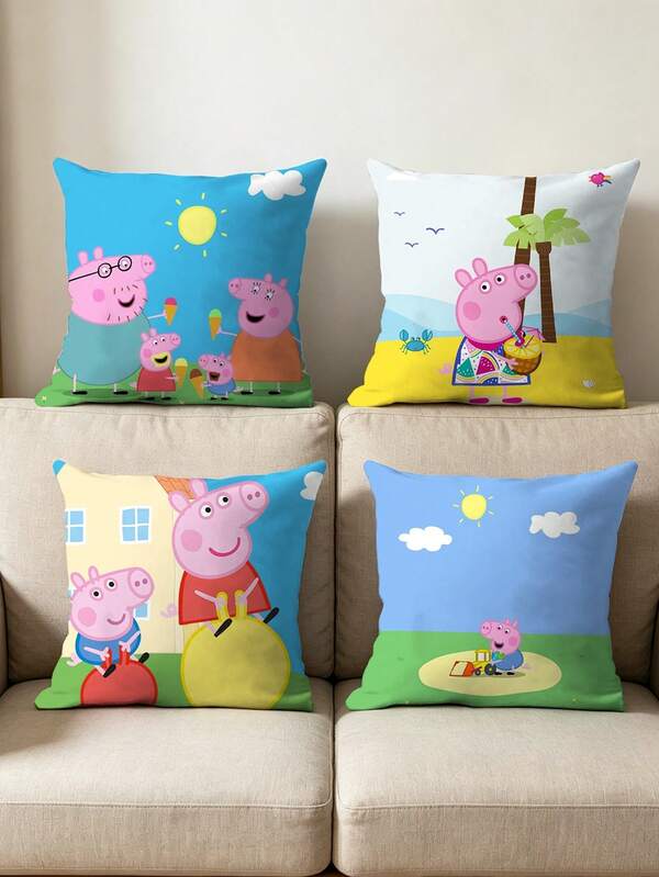 Bộ 4 vỏ gối in hình gia đình heo hoạt hình dễ thương, chất liệu polyester mềm mại, thích hợp cho ghế sofa, phòng ngủ, phòng khách, trang trí phòng trẻ em, trang trí nhà cửa, phòng trẻ sơ sinh, quà tặng sinh nhật cho người hâm mộ, in hai mặt, hình vuông với lớp lót trang trí bên trong, không bao gồm ruột gối.