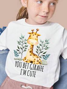 Camiseta para Niños Pequeños "You Bet Giraffe I'm Cute", Camiseta Infantil con Estampado de Animales, Ropa Infantil con Diseño de Jirafa, Conjunto Infantil Adorable, Camiseta de Jirafa, Camiseta de Manga Corta para Mujer, Estilo Veraniego y Moderno, Tops Casuales de Cuello Redondo, Lisos y Estampados, Blusas Cómodas de Algodón Suave de Primera Calidad, Ropa Holgada y Amigable para la Calle, Atuendo Ligero para el Día a Día, Regalo Perfecto para Mujeres en Fiestas y Eventos. - Blanco - Ver 1