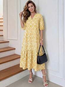 Summer Dress With All-Over Print, Notched Collar And Puff Sleeves, Bohemian Style For Vacation - Yellow - View 12