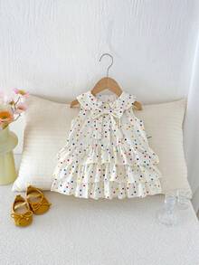 1pc Girls Outdoor Casual Sweet Multi-Layer Ruffle Colorful Polka Dot Sleeveless Dress Summer - Apricot - View 5
