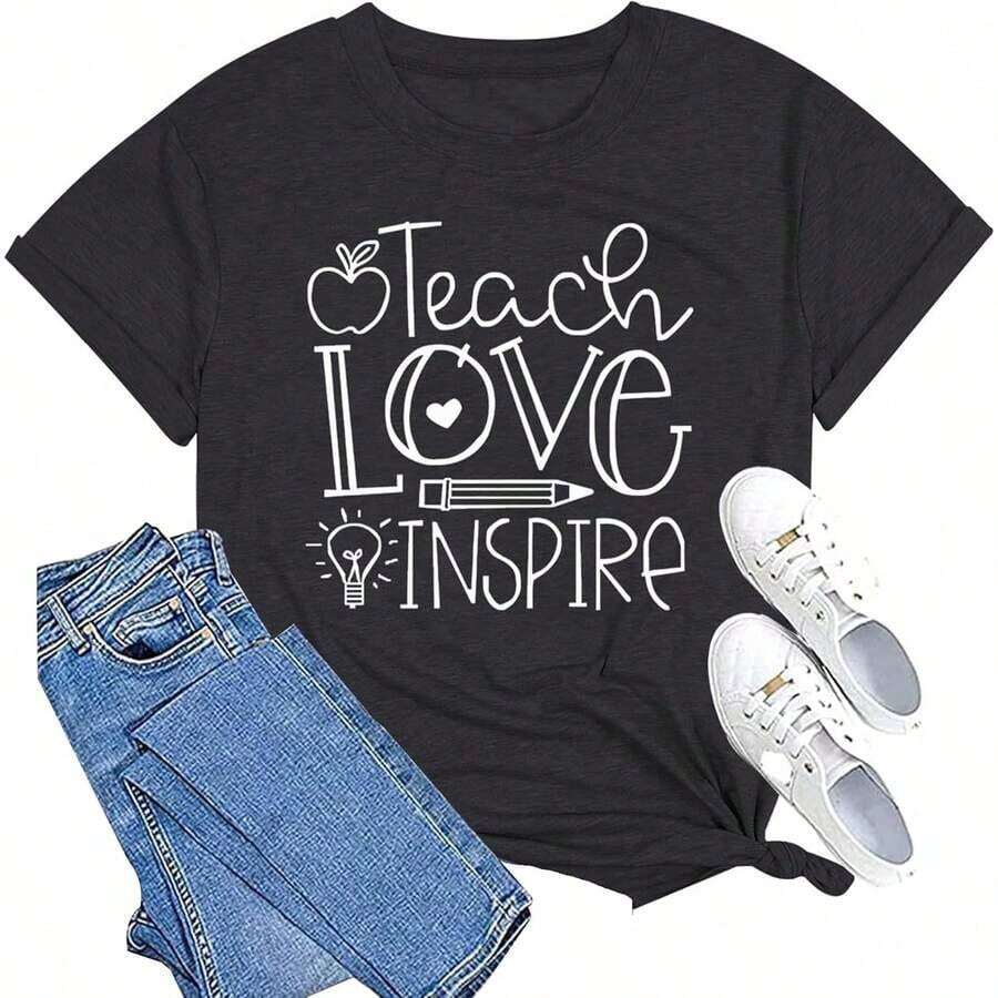 Teacher T-Shirts: "Dear Student Behind Me" Print, Inspirational Teacher T-Shirt, Short Sleeve Teacher Appreciation T-Shirt, Breathable And Comfortable. - 黑色 - 查看 1