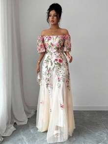Vestido maxi entallado de línea A con estampado de flores y malla elegante para mujer - Multicolor - Ver 7